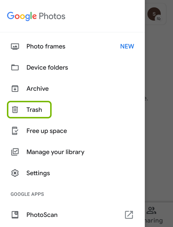 Trash option highlighted in Google Photos app menu on Android.