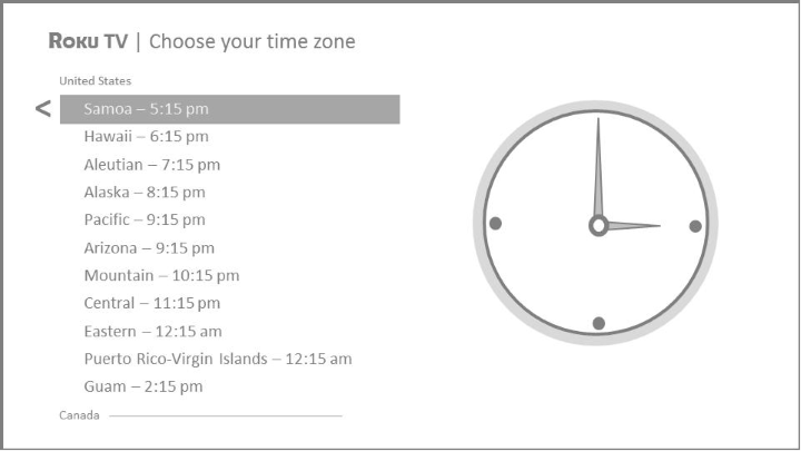 Time zone selection screen in Guided Setup