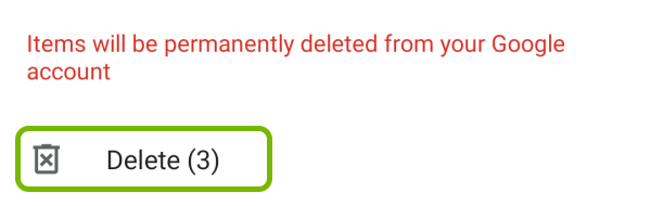 Delete option highlighted on confirmation prompt in Google Photos app on Android.
