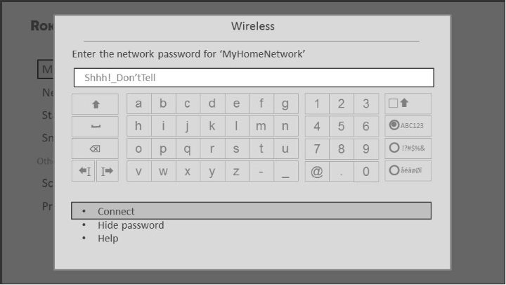 Wi-Fi password entry screen in Guided Setup
