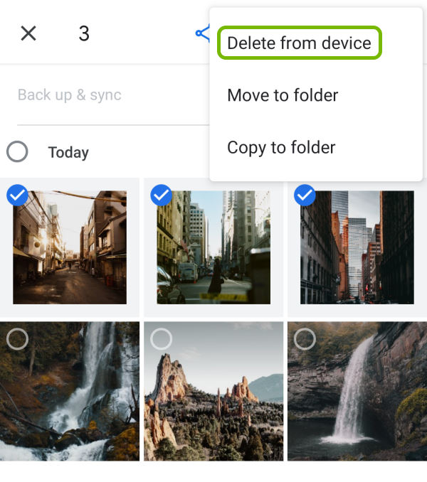 Delete from device option highlighted in More menu of Google Photos for selected photos on Android.