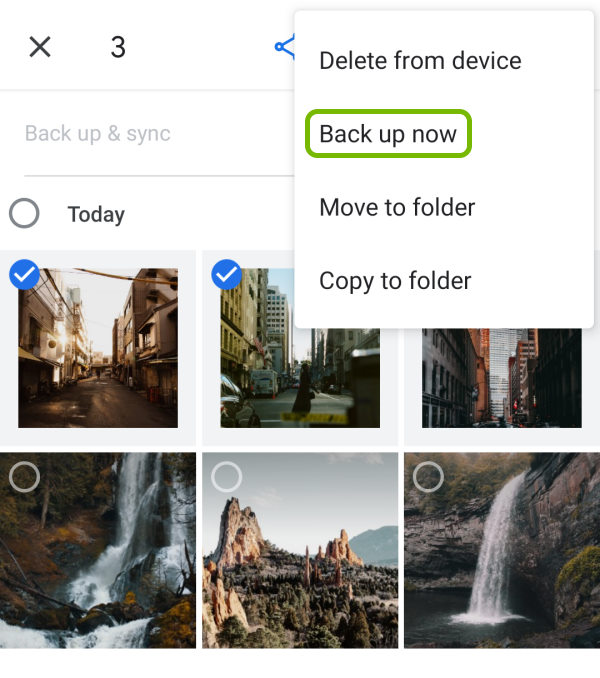 Back up now option highlighted in More menu of Google Photos for selected photos on Android.