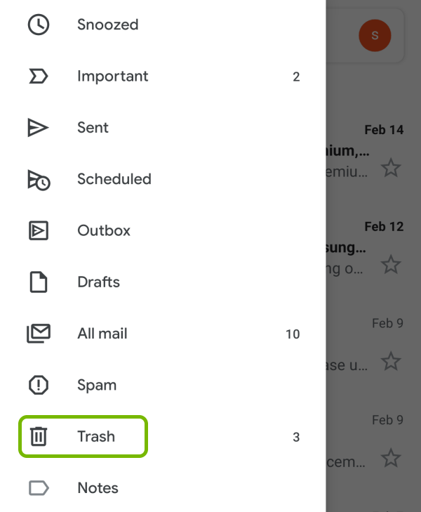 Trash folder highlighted in menu of Gmail app on Android.