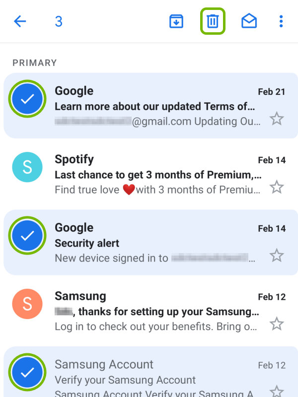 Check marks and Trashcan highlighted for selected emails in Gmail app on Android.