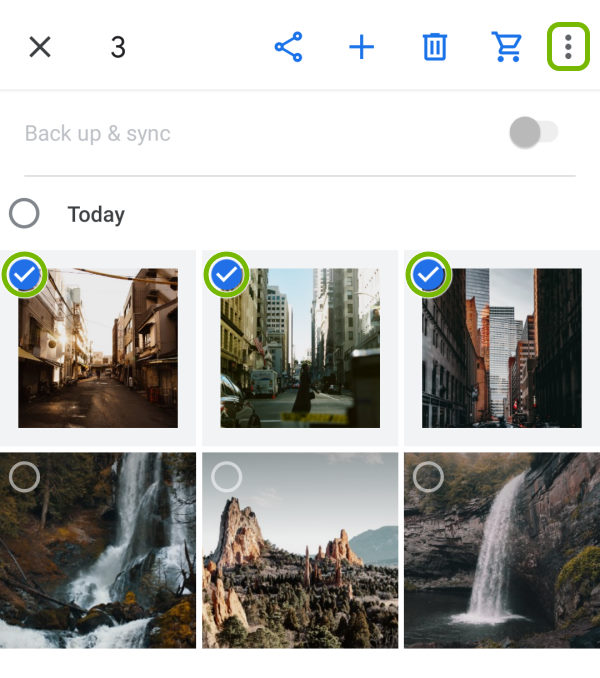 Check marks on photos and More icon highlighted in Google Photos app on Android.