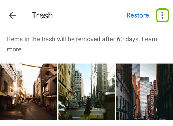 More icon highlighted in Google Photos app Trash folder on Android.