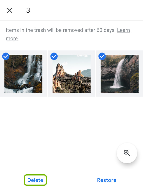 Delete option highlighted for selected files in Google Photos app Trash folder on Android.