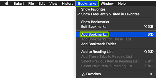 Bookmark menu with Add Bookmark highlighted.