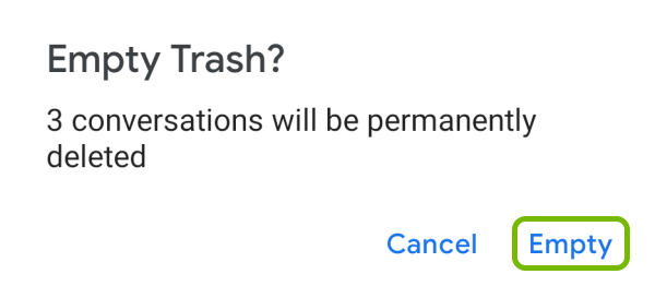 Empty option highlighted on confirmation prompt to delete all emails from Trash in Gmail app on Android.