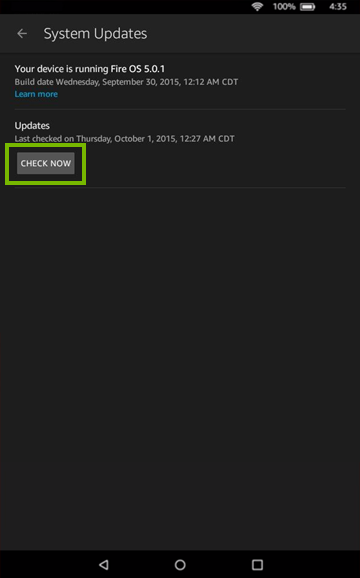Check Now option highlighted on System Updates screen