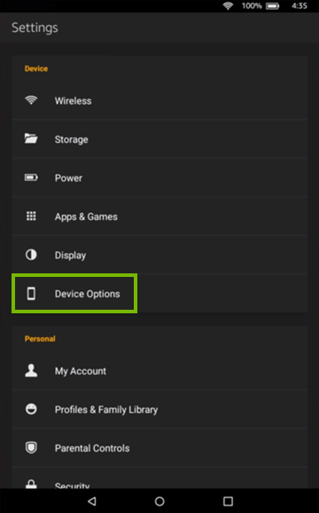 Device Options highlighted on Settings screen