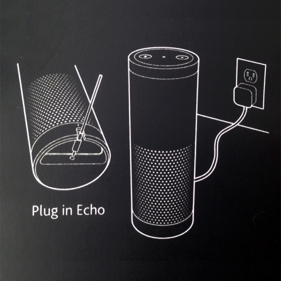 Illustration of an Amazon Echo showing how to plug in