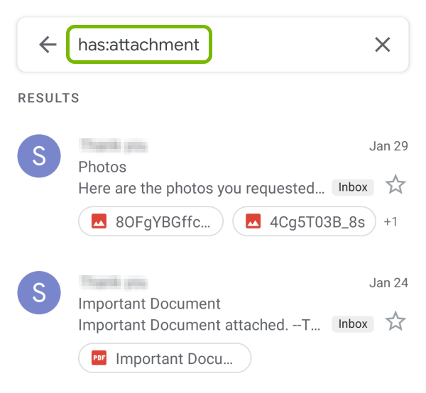 Keyword highlighted in Search mail field in Gmail app on Android.