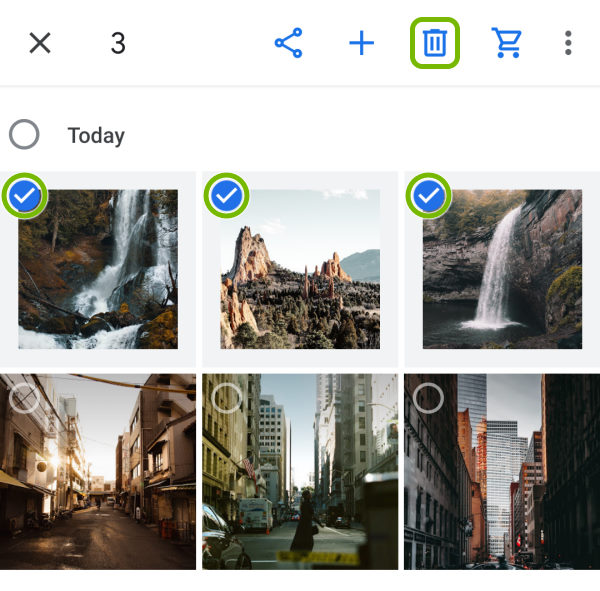 Check marks and Trashcan button highlighted for selected files in Google Photos app on Android.