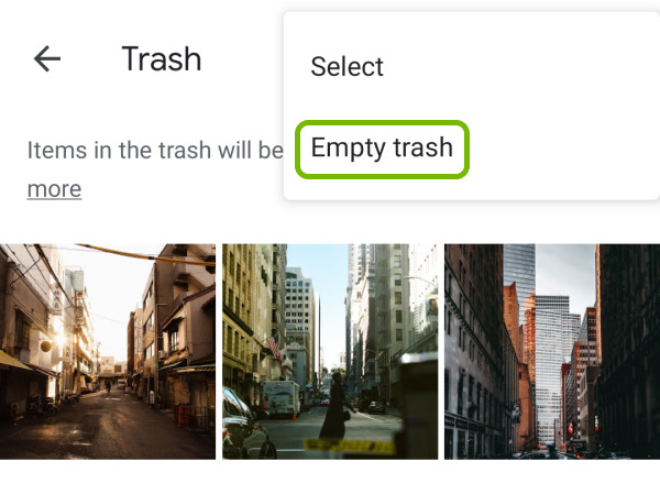 Empty trash option highlighted in drop-down menu of Google Photos app Trash folder on Android.