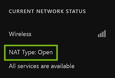 NAT Type highlighted on Xbox One network status screen.