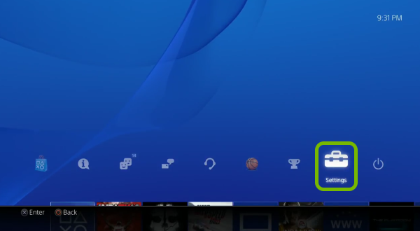 Settings option highlighted in PlayStation 4 menu.