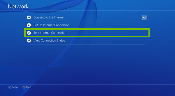 Test Internet Connection option highlighted in PlayStation 4 settings.