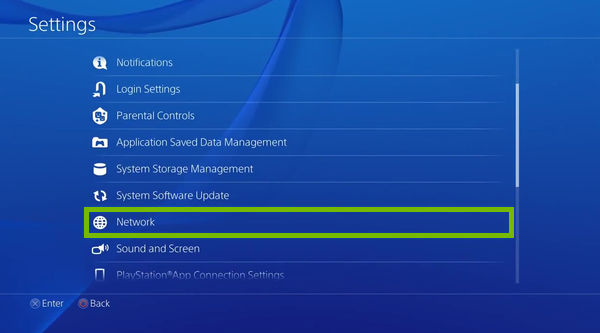 Network option highlighted in PlayStation 4 settings.