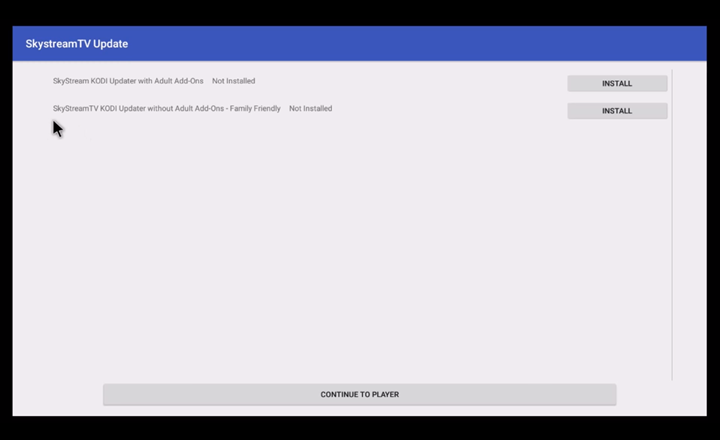 SkyStream One Update app displaying a list of available updates that can be performed.