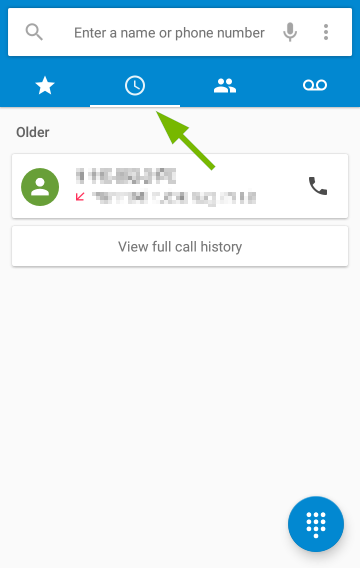 Call History tab pointed out in Android Phone app.