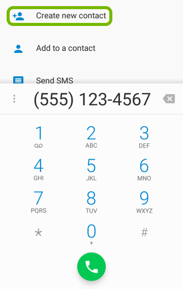 Create new contact highlighted in Android Phone app.