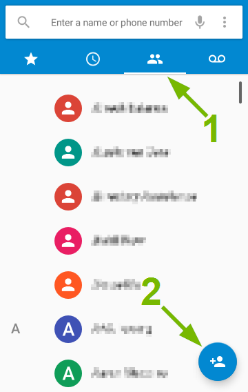 Contacts tab and Add Contact pointed out in Android Phone app.