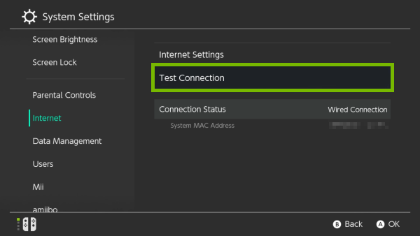 Test Connection option highlighted in Nintendo Switch settings.