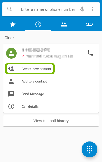 Create New Contact highlighted for selected phone number.