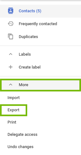 Google Contacts menu with More and Export highlighted.