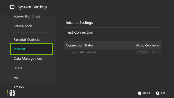 Internet option highlighted in Nintendo Switch settings.