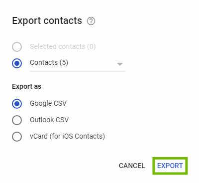 Export contacts dialog with Export highlighted.