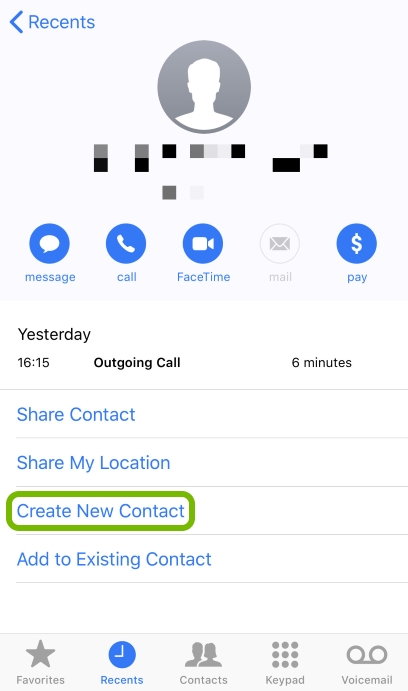 Create New Contact option highlighted in caller details.