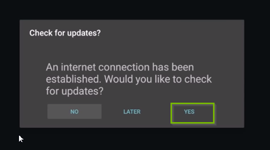 SkyStream One prompting the user to check for updates, highlighting the yes option.