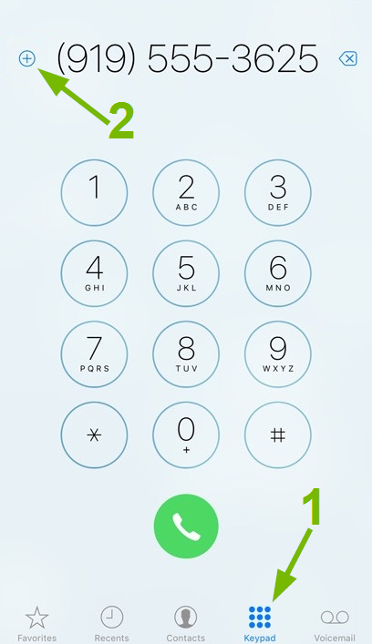 Keypad and Add pointed out in iOS Phone app.