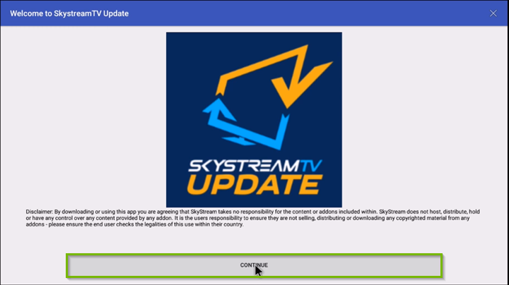 SkyStream One Update app, highlighting the Continue button.