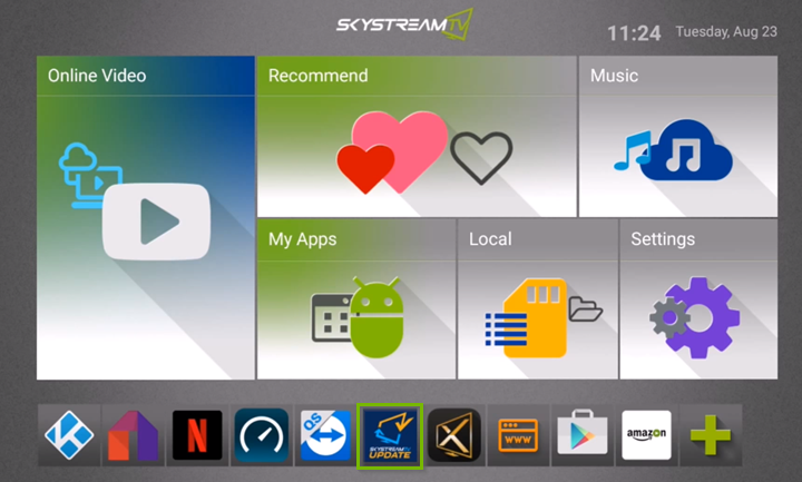 Skystream home page with Skystream TV Update app selected. Screenshot.
