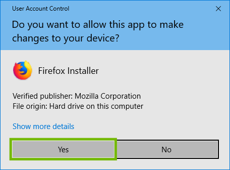 User Account Control with Yes highlighted.