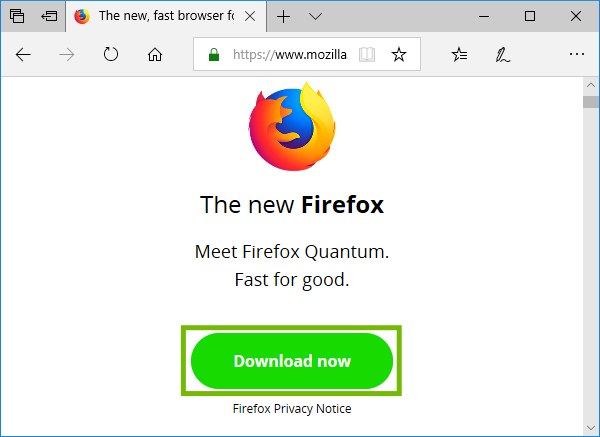 Firefox download page with Download now highlighted.