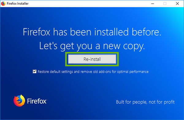 Firefox installer with Re-install highlighted.