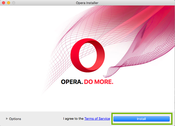 Opera install window with Install highlighted. Screenshot