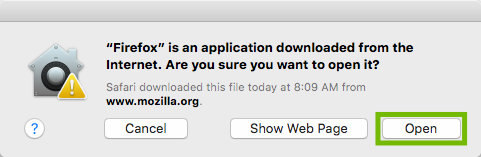 Security dialog with Open highlighted.