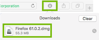 Safari Downloads with Firefox installer highlighted.