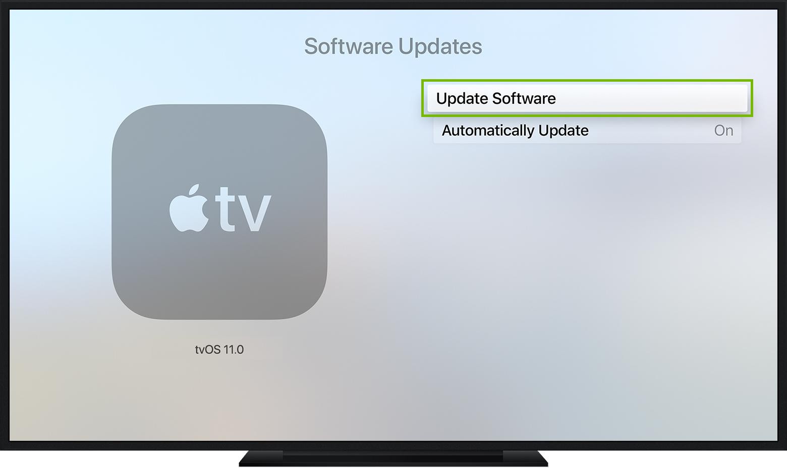 Apple TV software updates screen highlighting the Update Software button.