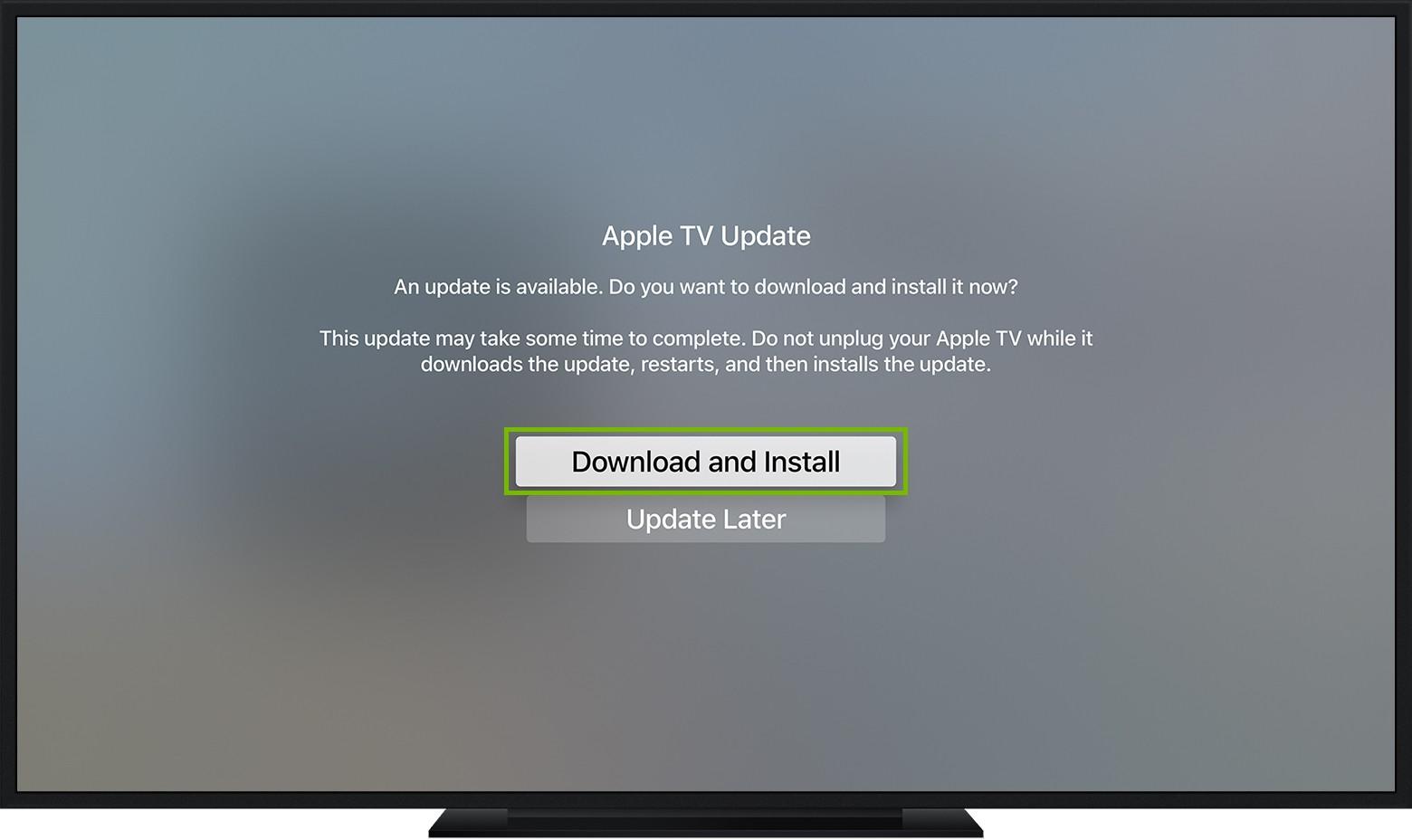 Apple TV Update Software screen highlighting the Download and Install button.