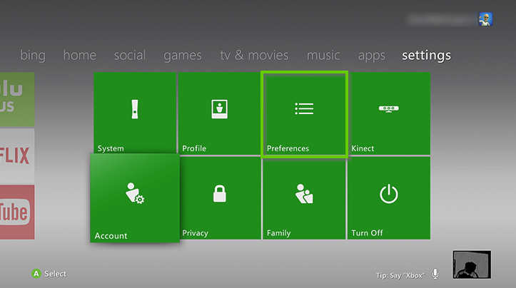 Xbox 360 settings menu showing preferences highlighted