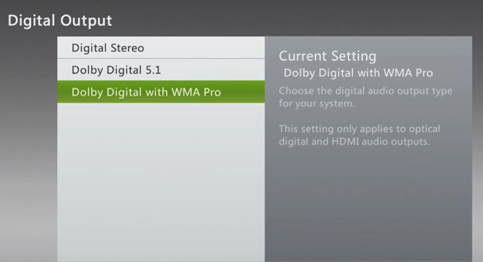 Xbox 360 audio selections for digital output