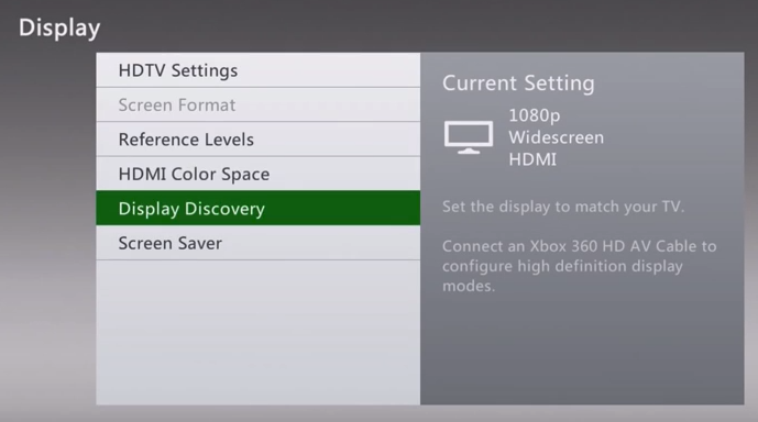 Xbox 360 display settings showing display discovery selected