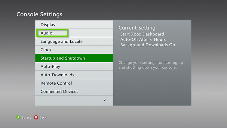 Xbox 360 console settings menu with audio selected