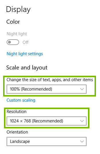 display settings with scale and resolution highlighted